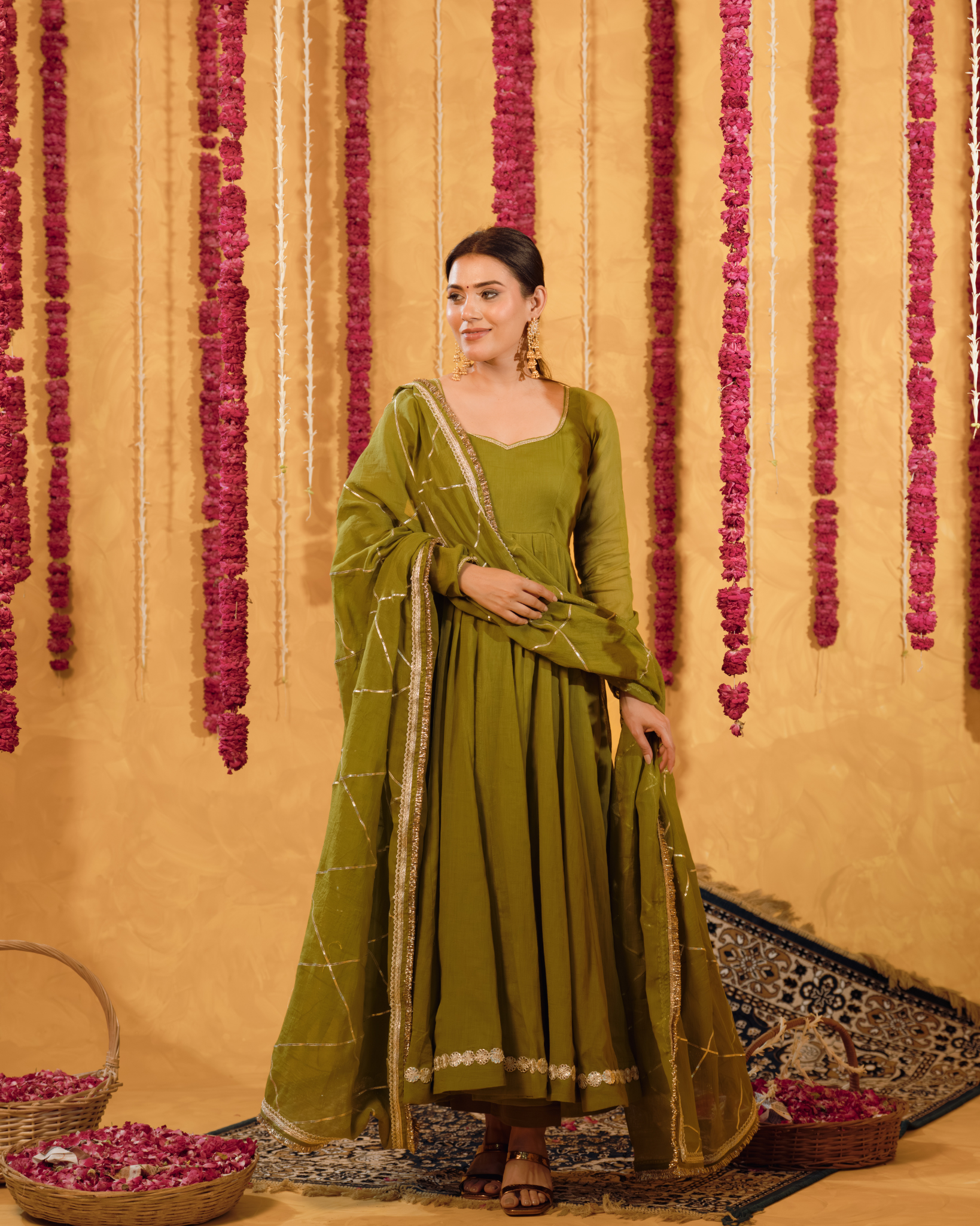 Mehndi Green Mulmul Anarkali Suit 2pcs Set