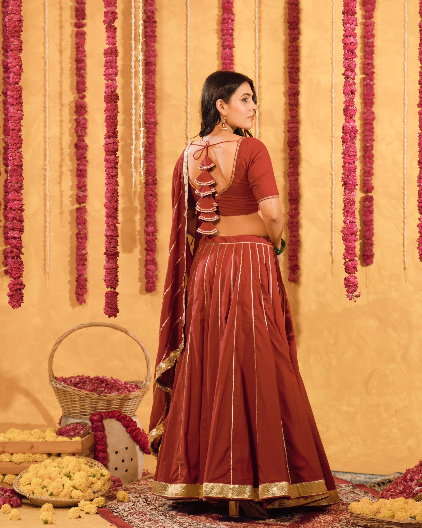 Berry wine cotton Lehenga set of 3