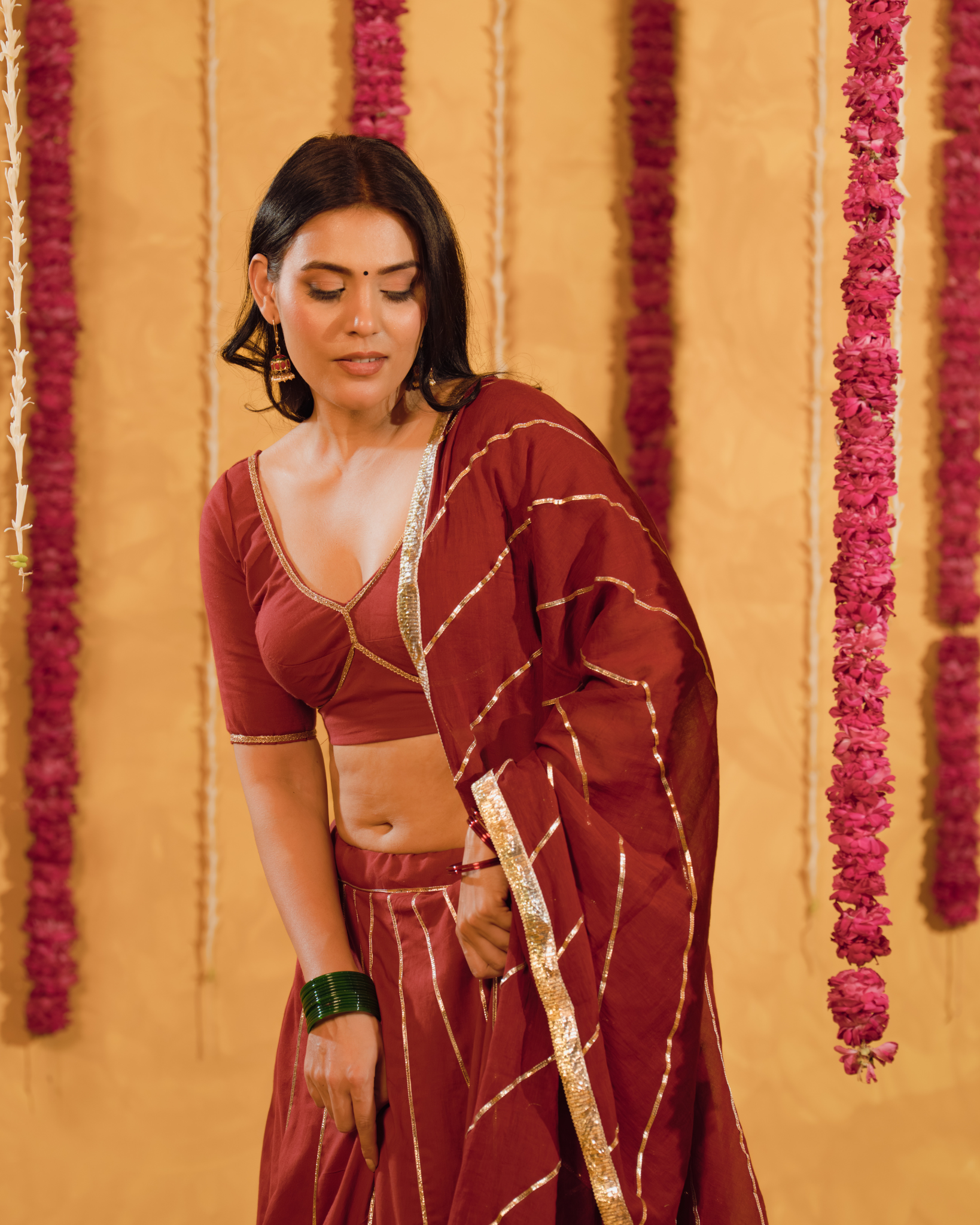 Berry wine cotton Lehenga set of 3