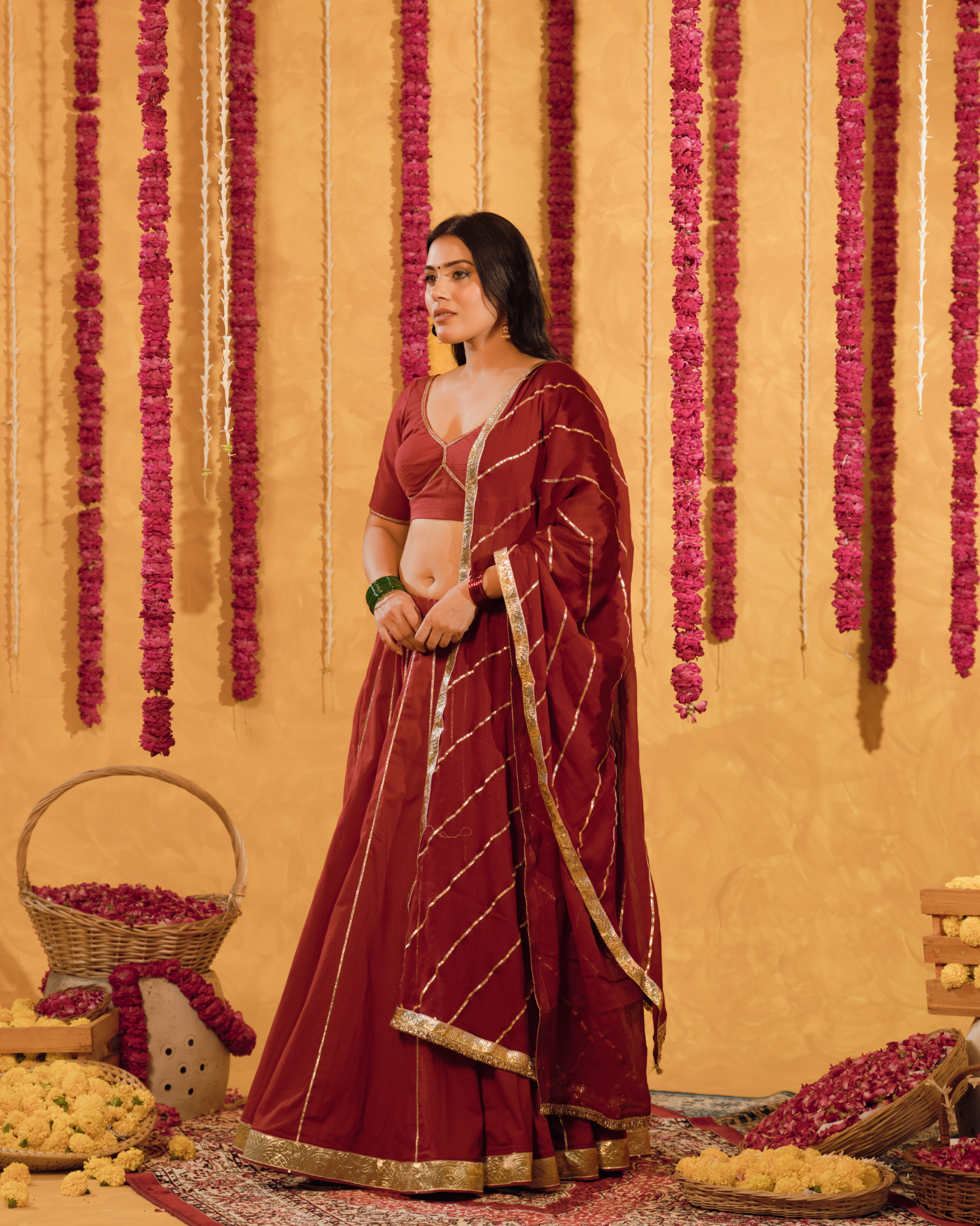 Berry wine cotton Lehenga set of 3