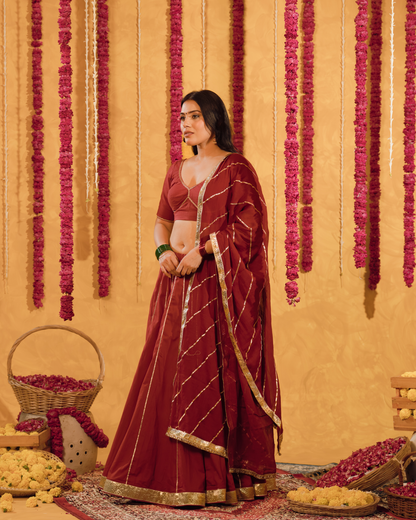 Berry wine cotton Lehenga set of 3