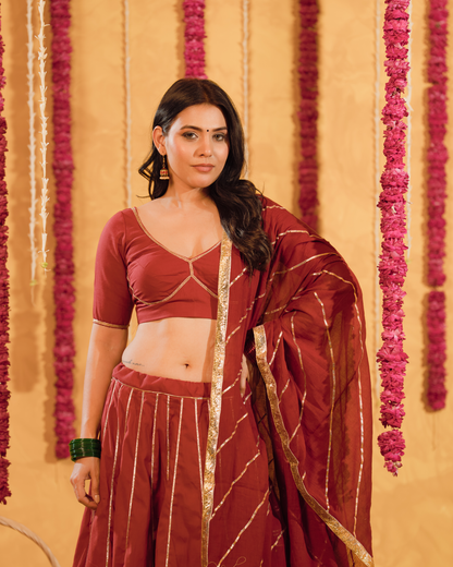 Berry wine cotton Lehenga set of 3