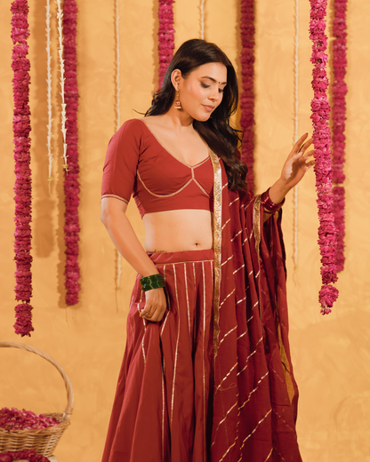 Berry wine cotton Lehenga set of 3