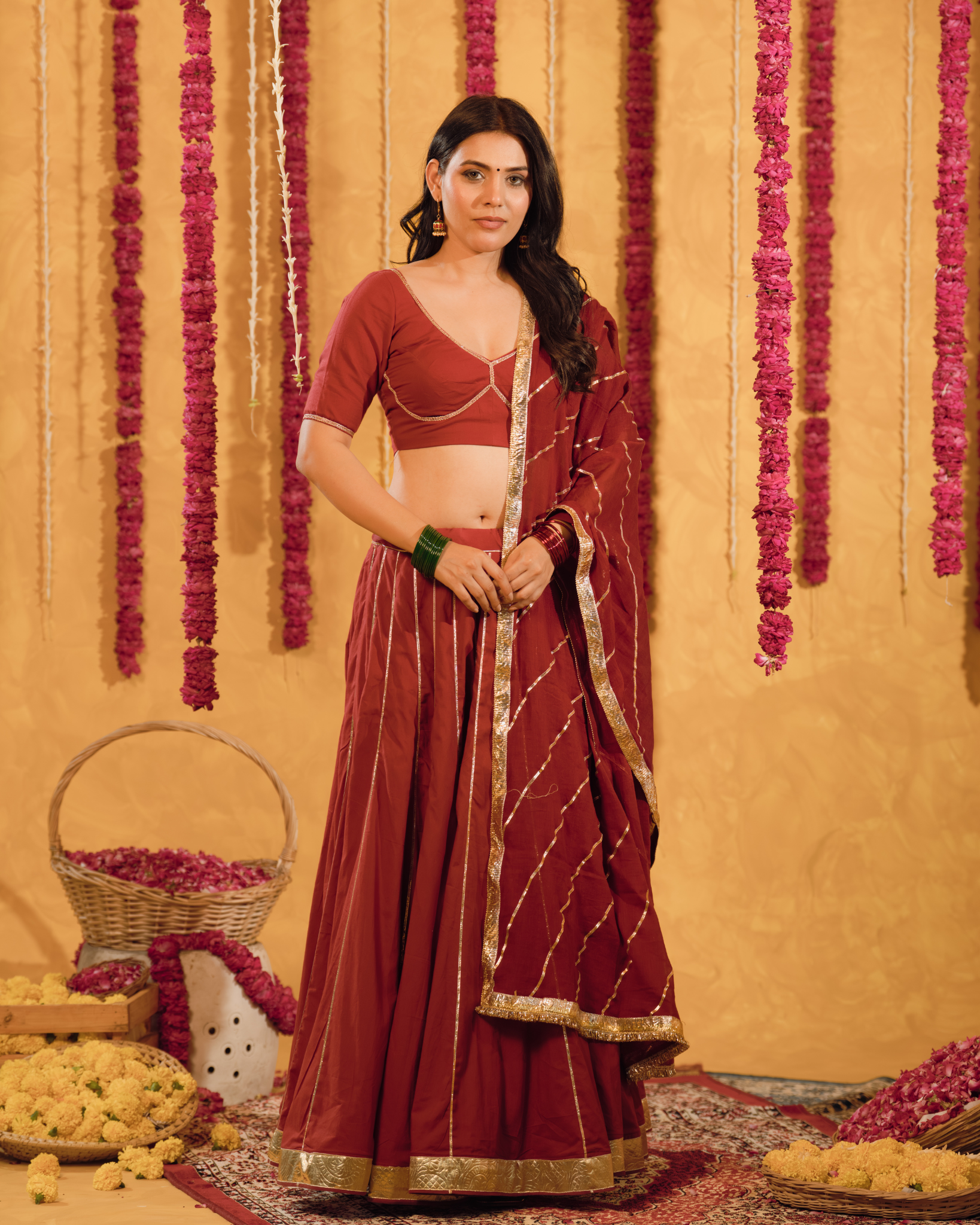 Berry wine cotton Lehenga set of 3