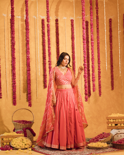 Roseberry peach pink  cotton Lehenga set of 3