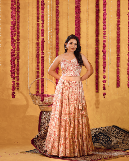 White Red Block print Tier Lehenga Set