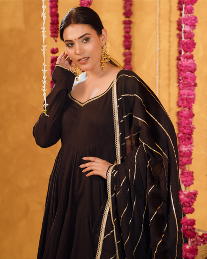 Royal Black Mulmul Anarkali Suit 2pcs Set