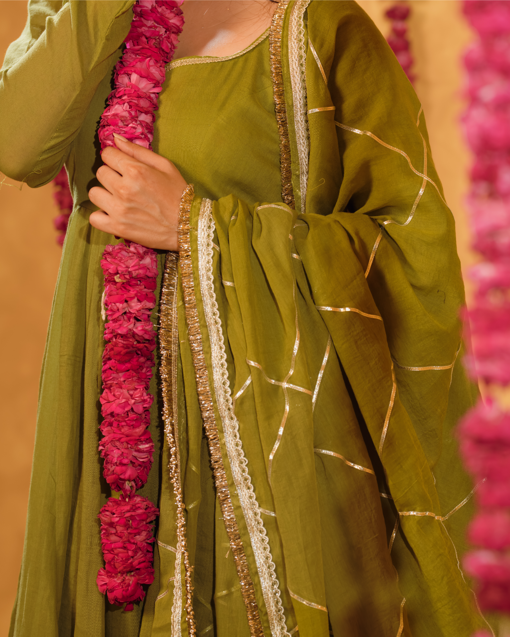 Mehndi Green Mulmul Anarkali Suit 2pcs Set