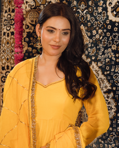 Haldi Yellow Mulmul Anarkali Suit 2pcs Set