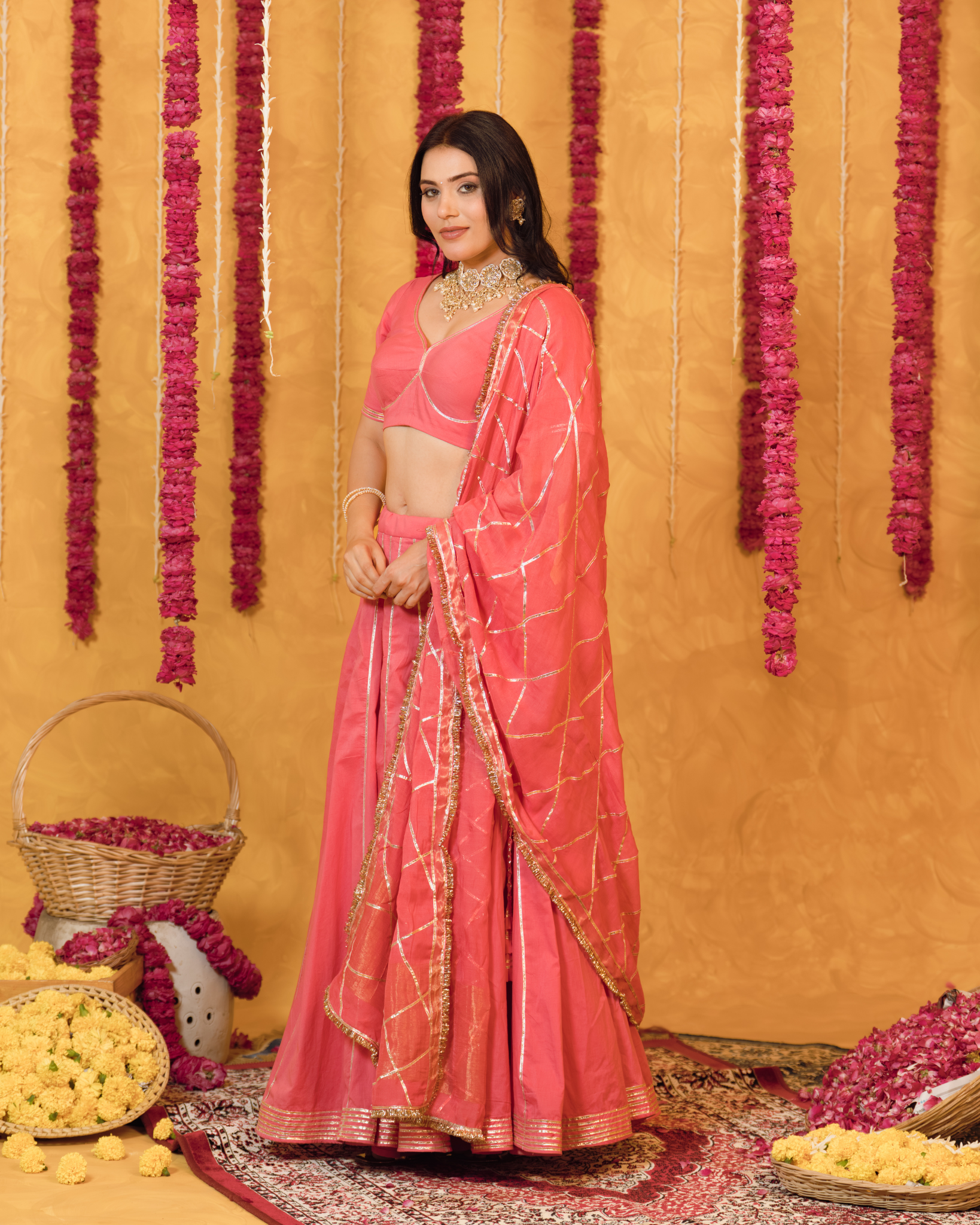 Roseberry peach pink  cotton Lehenga set of 3