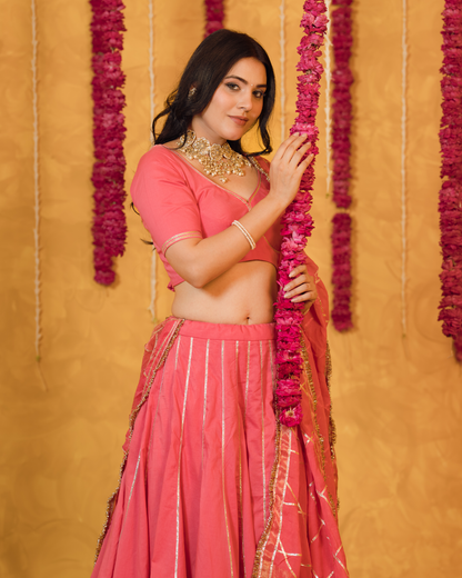 Roseberry peach pink  cotton Lehenga set of 3