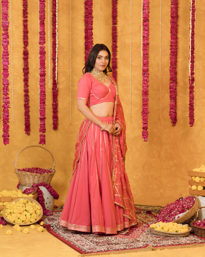 Roseberry peach pink  cotton Lehenga set of 3