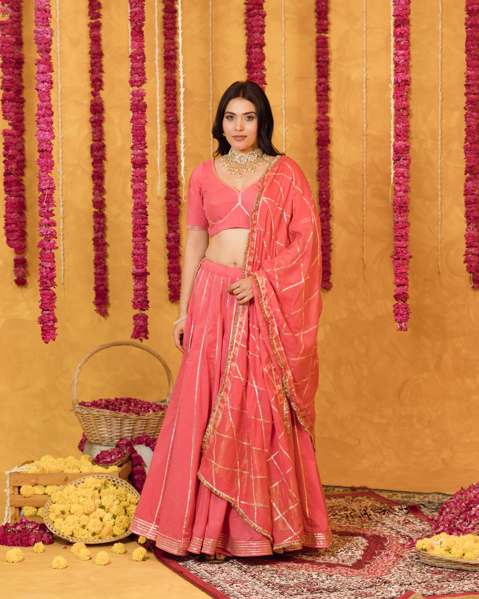 Roseberry peach pink  cotton Lehenga set of 3