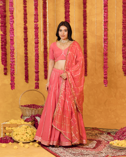 Roseberry peach pink  cotton Lehenga set of 3