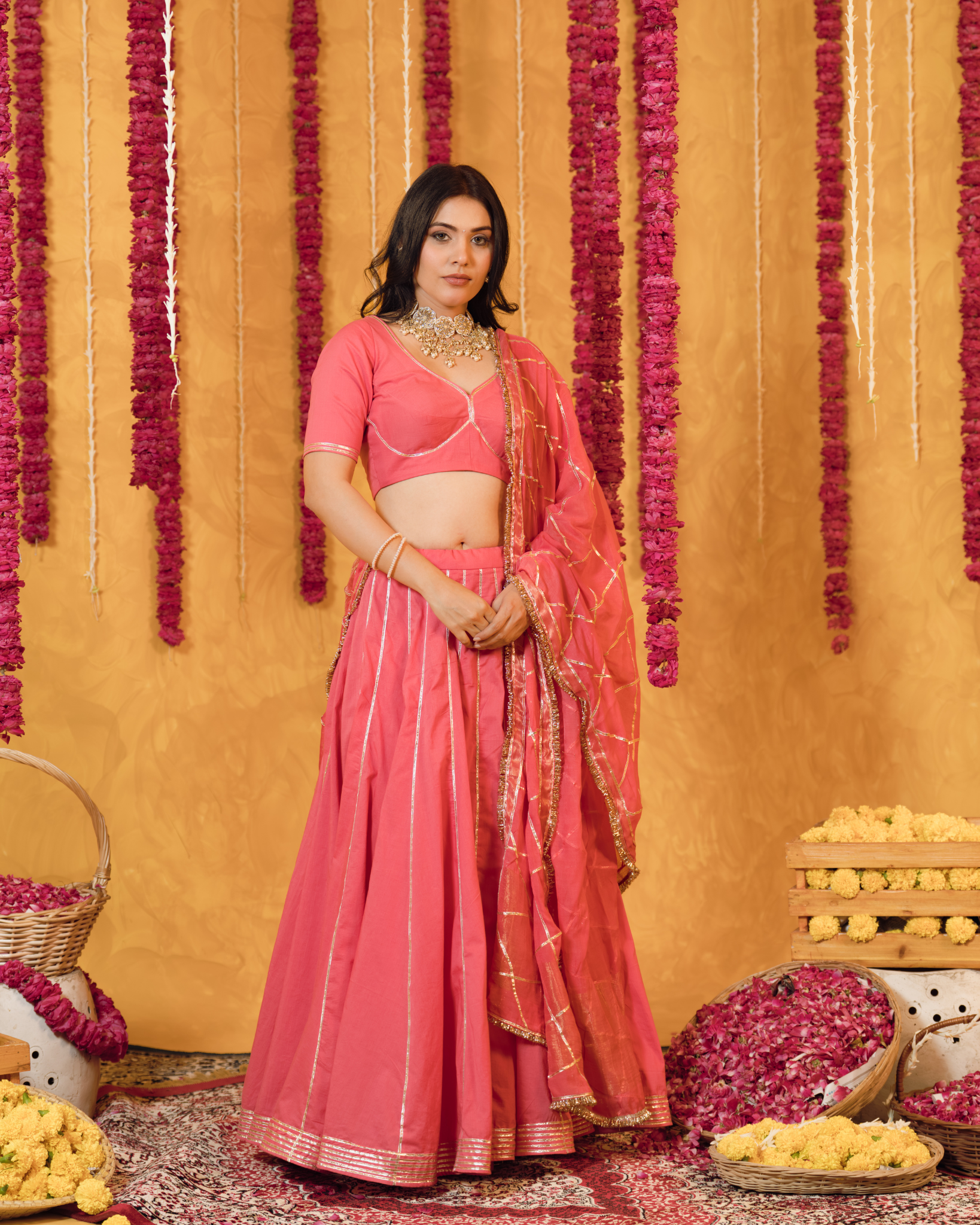 Roseberry peach pink  cotton Lehenga set of 3