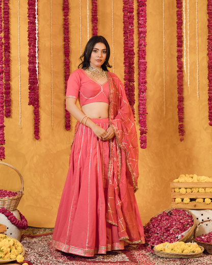 Roseberry peach pink  cotton Lehenga set of 3