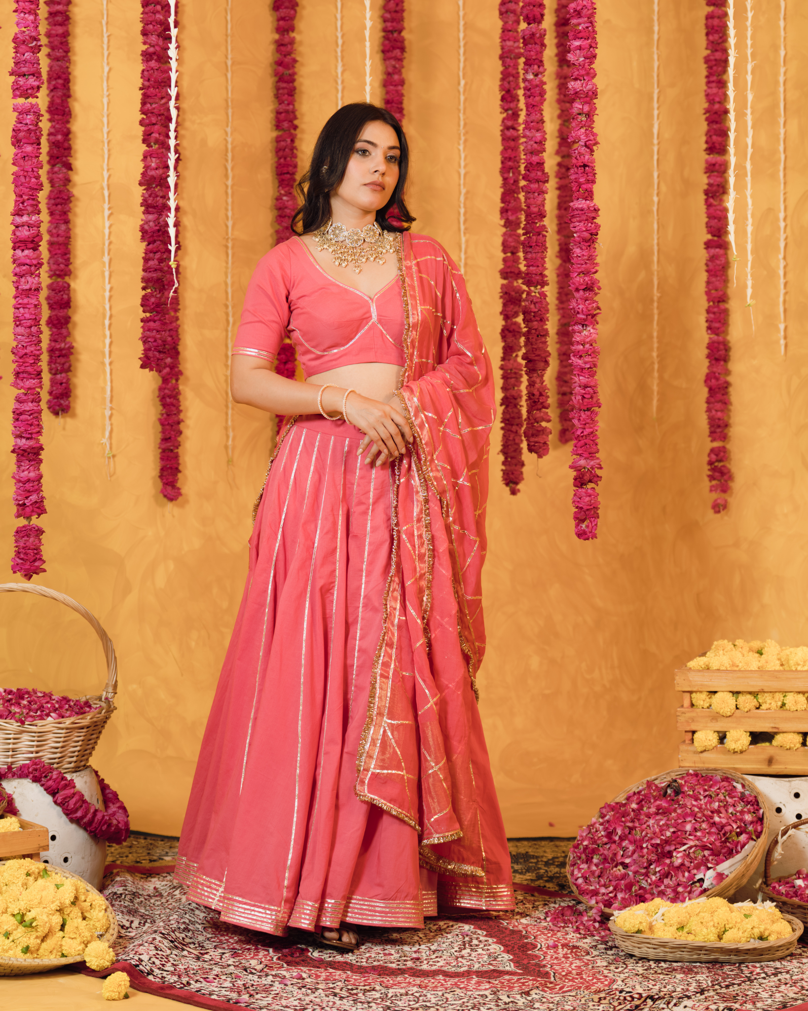 Roseberry peach pink  cotton Lehenga set of 3