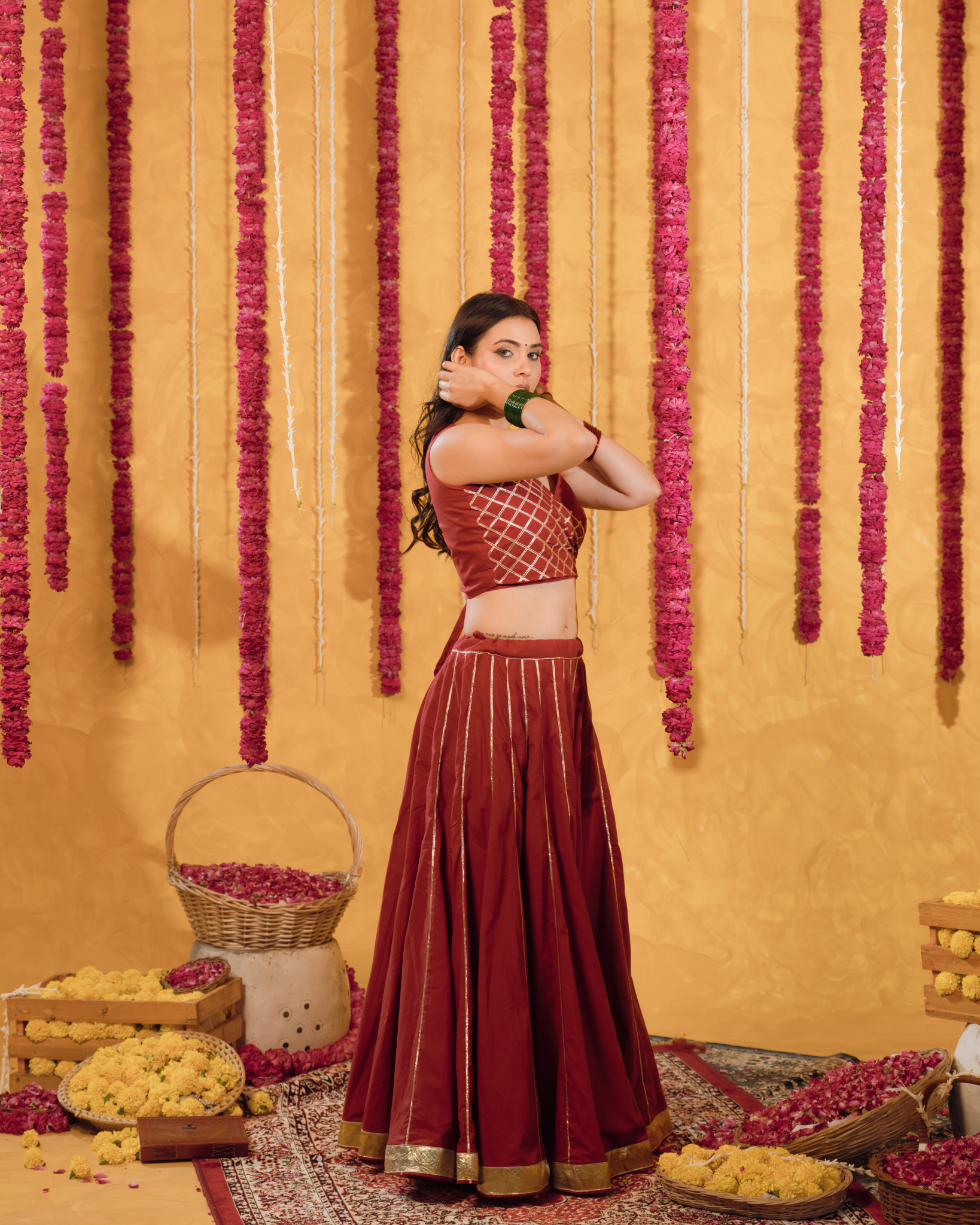 Berry wine cotton Lehenga set of 3