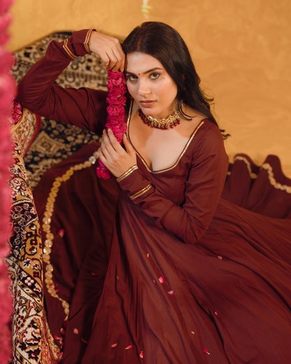 Berry wine Mulmul Anarkali Suit 2pcs Set