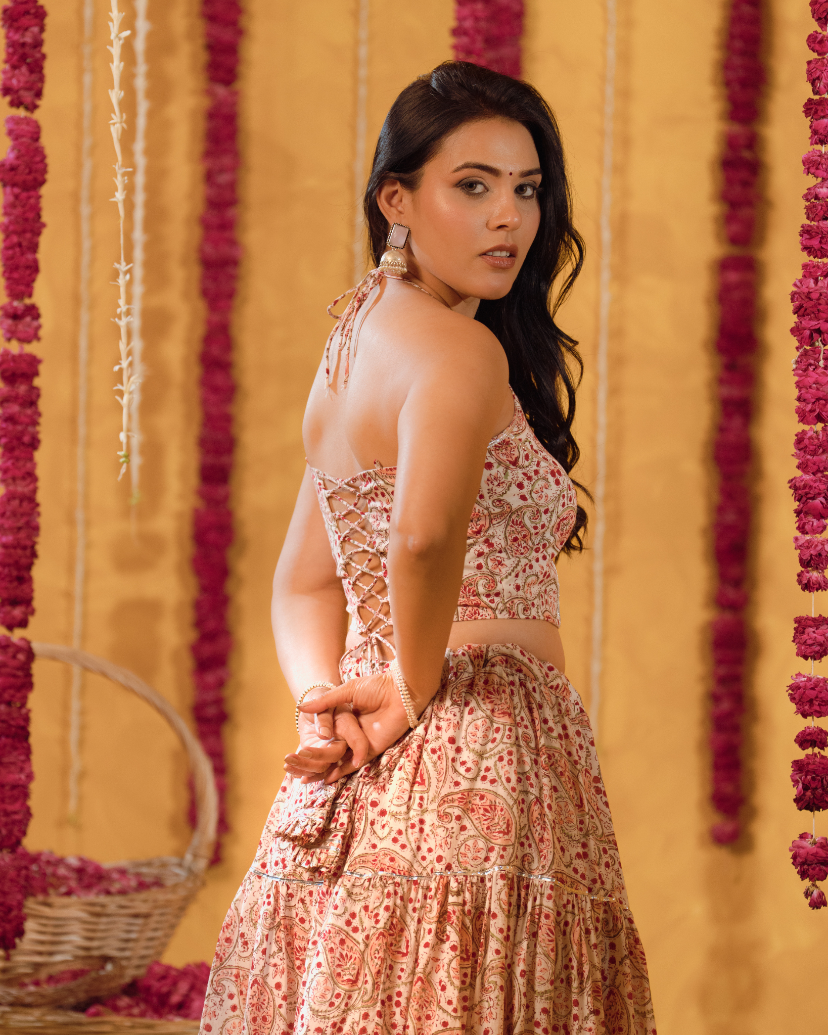 White Red Block print Tier Lehenga Set