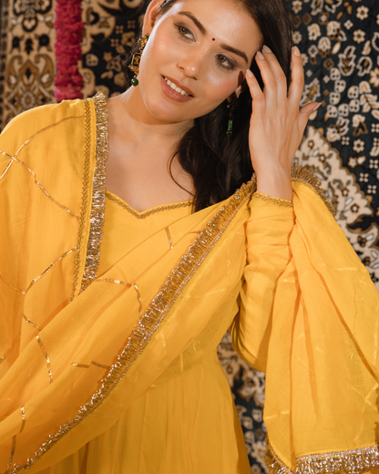 Haldi Yellow Mulmul Anarkali Suit 2pcs Set