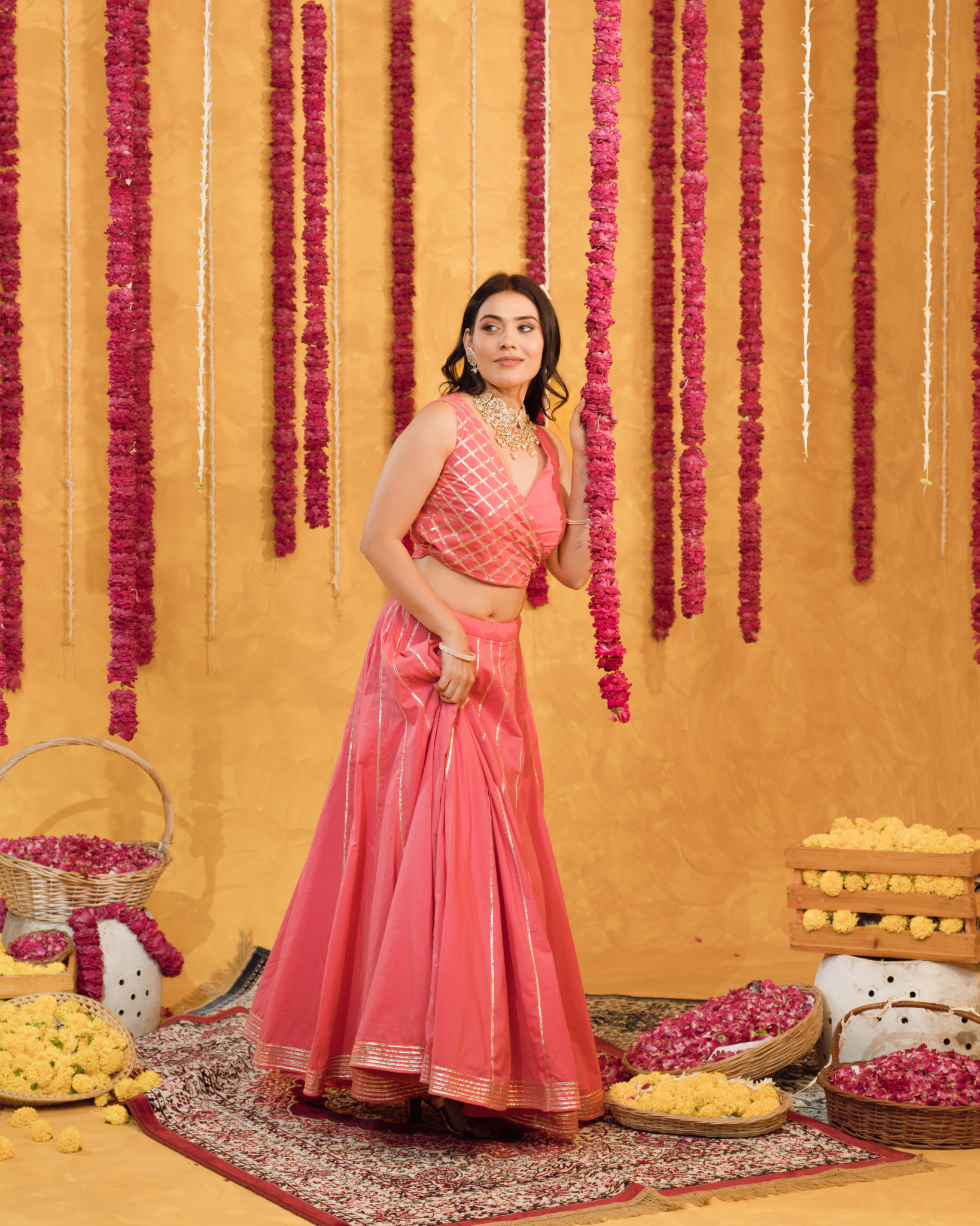 Roseberry peach pink  cotton Lehenga set of 3