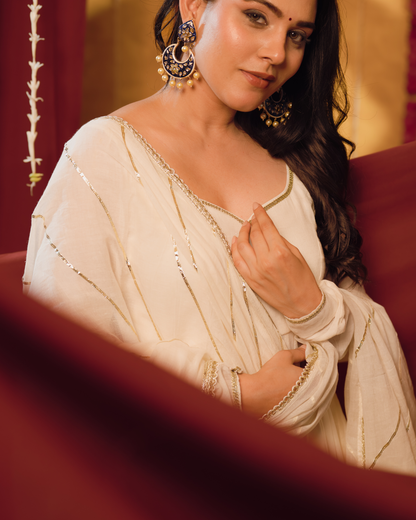 Ivory cream Mulmul Anarkali Suit 2pcs Set