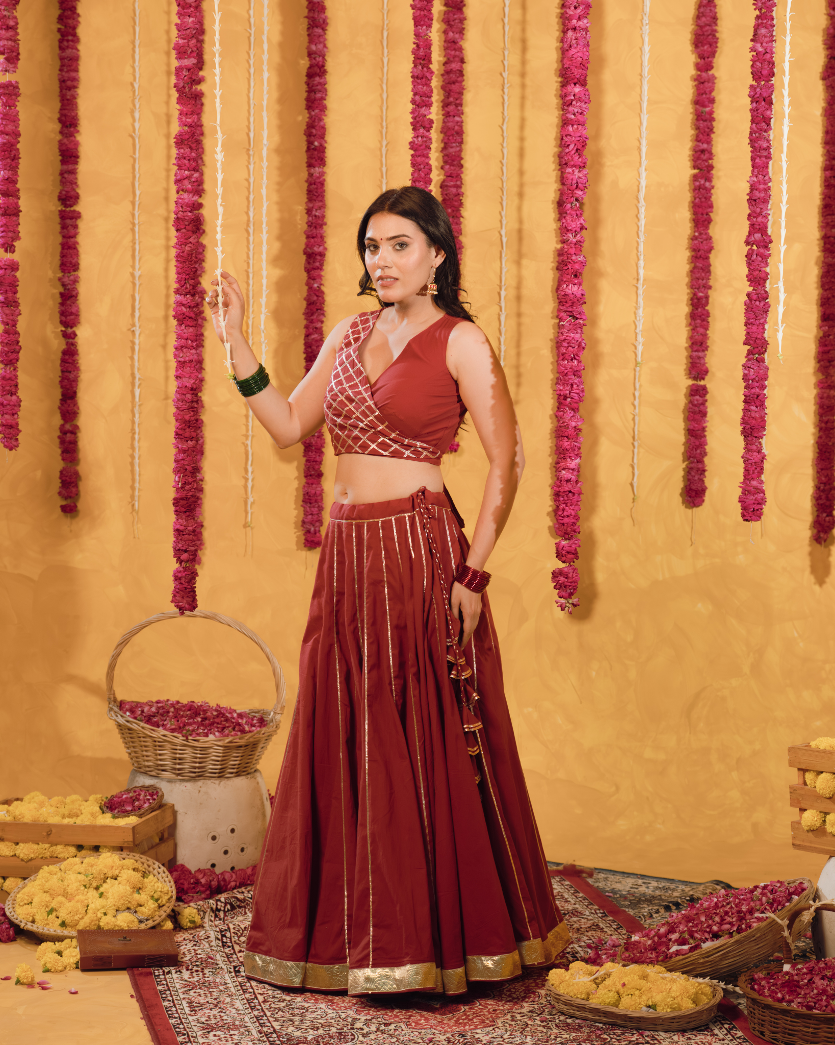 Berry wine cotton Lehenga set of 3