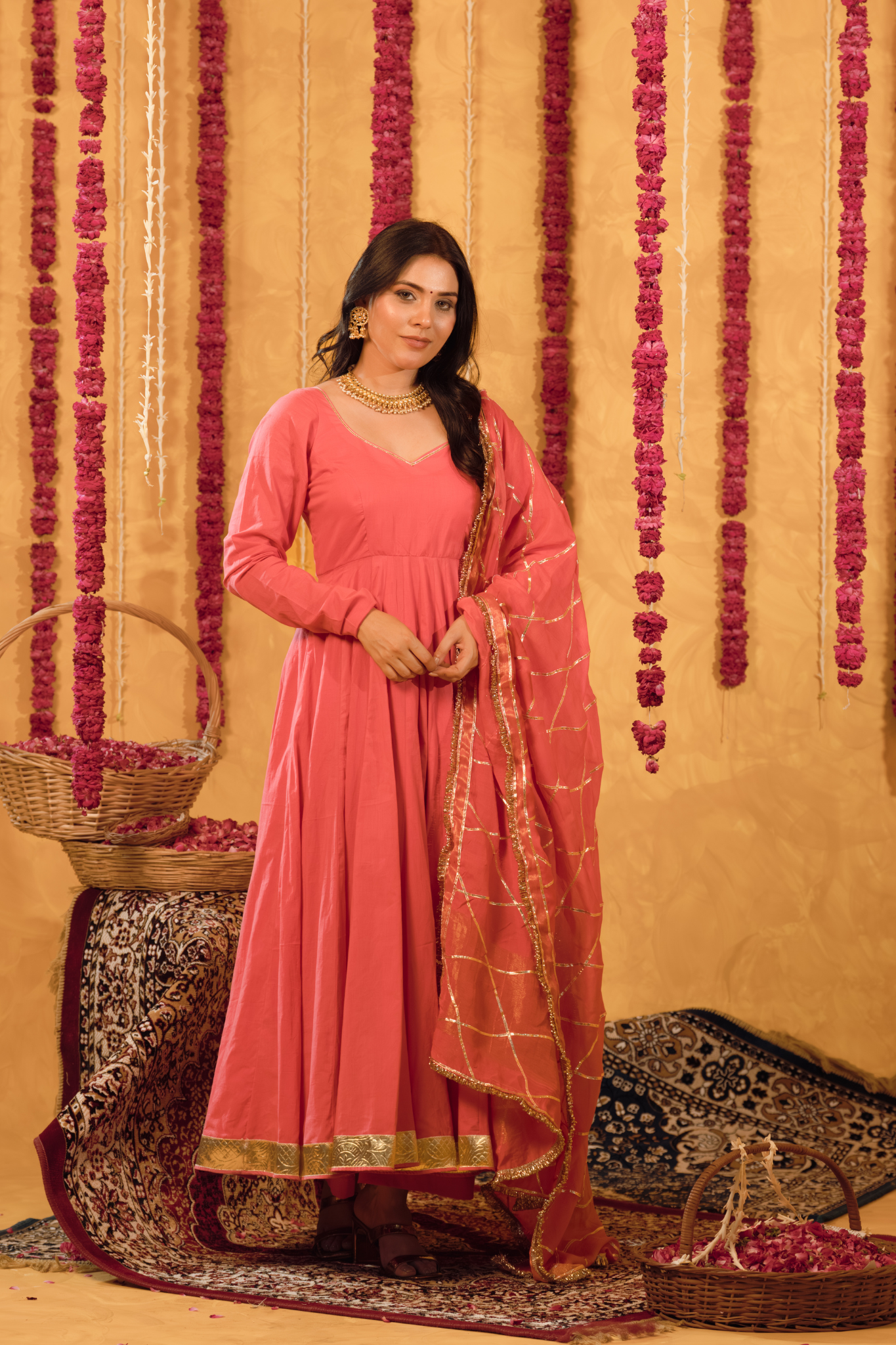 Roseberry peach Pink Mulmul Anarkali Suit 2pcs Set