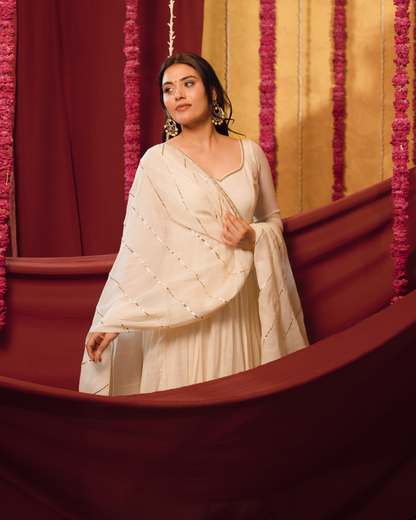 Ivory cream Mulmul Anarkali Suit 2pcs Set