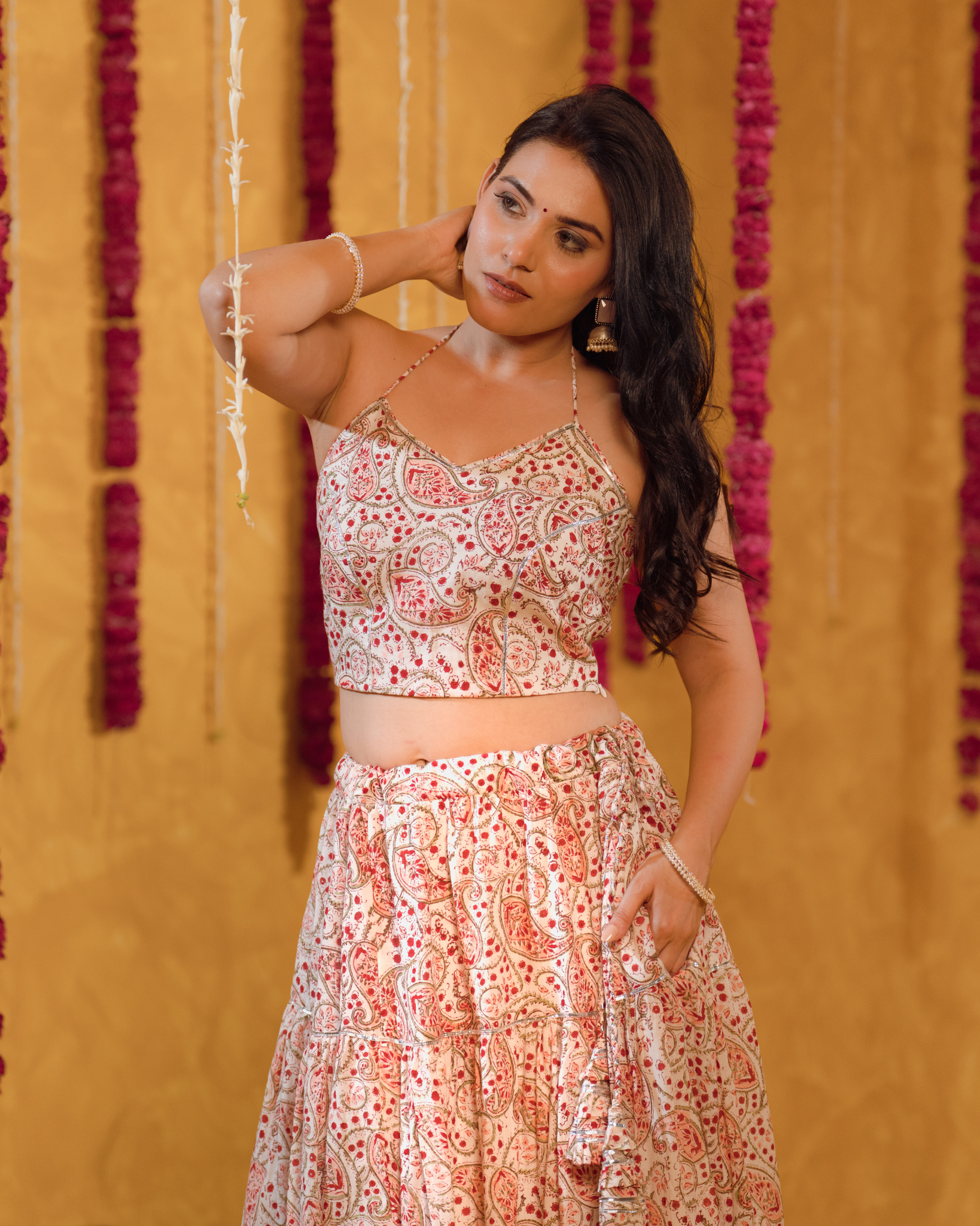 White Red Block print Tier Lehenga Set