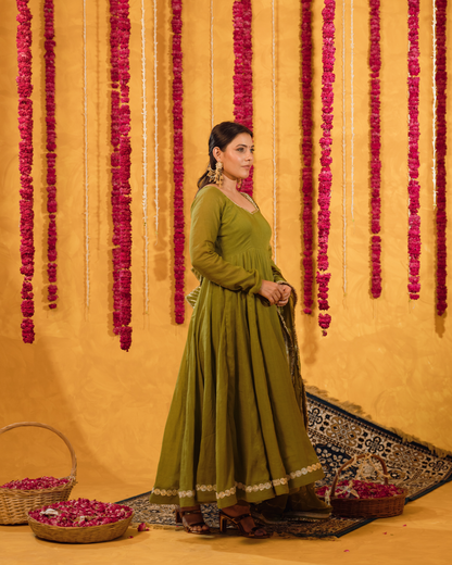 Mehndi Green Mulmul Anarkali Suit 2pcs Set