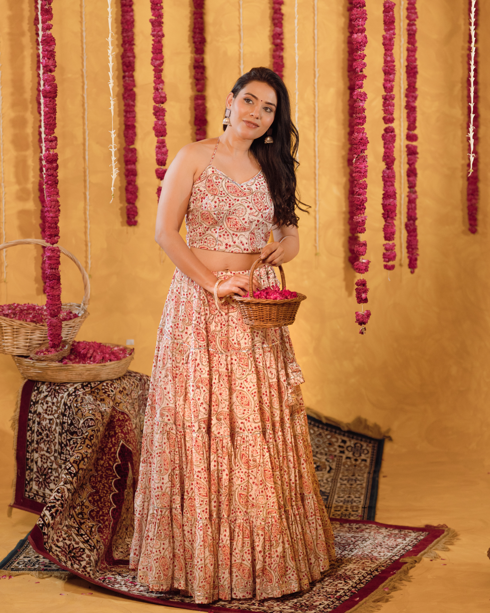 White Red Block print Tier Lehenga Set