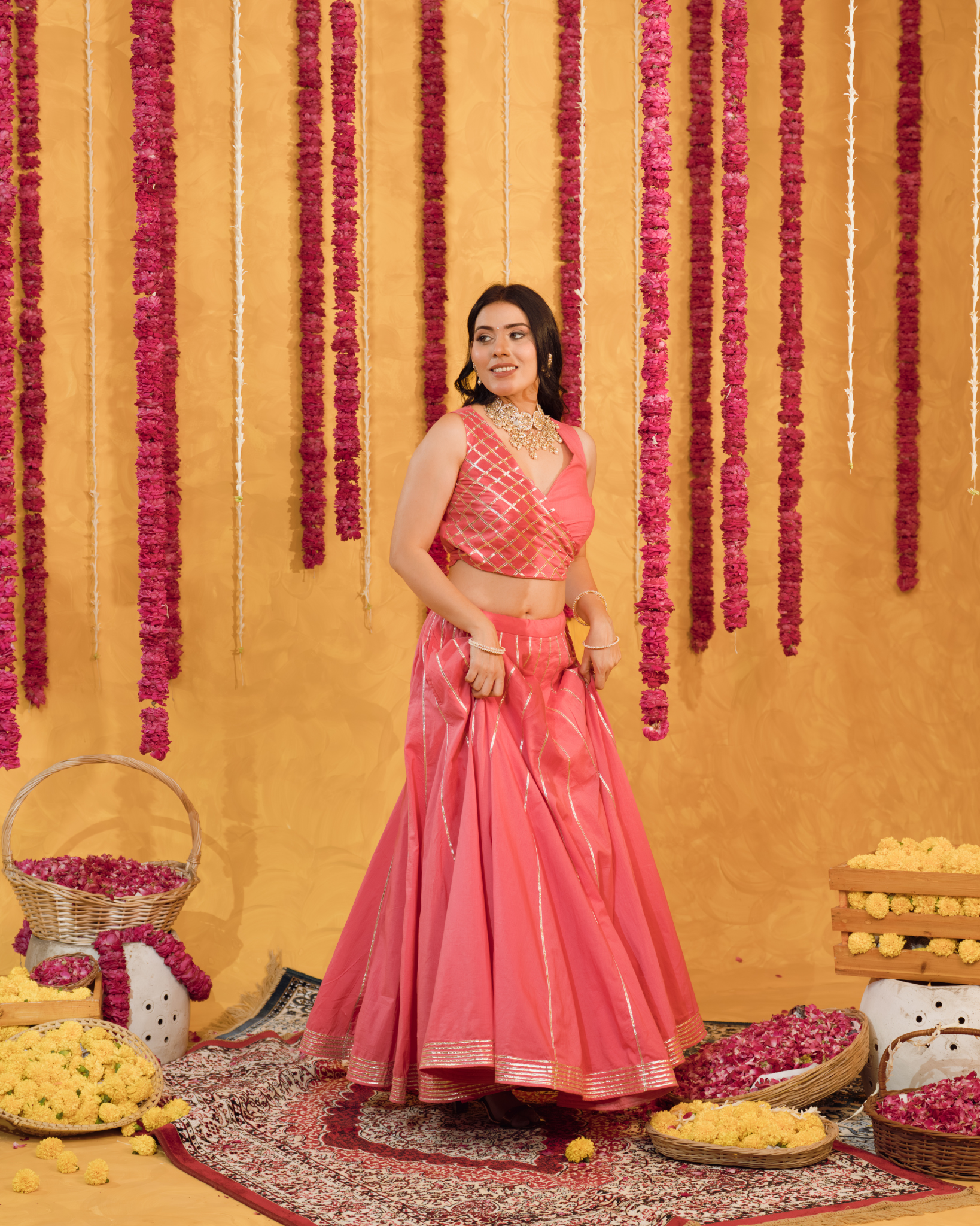 Roseberry peach pink  cotton Lehenga set of 3