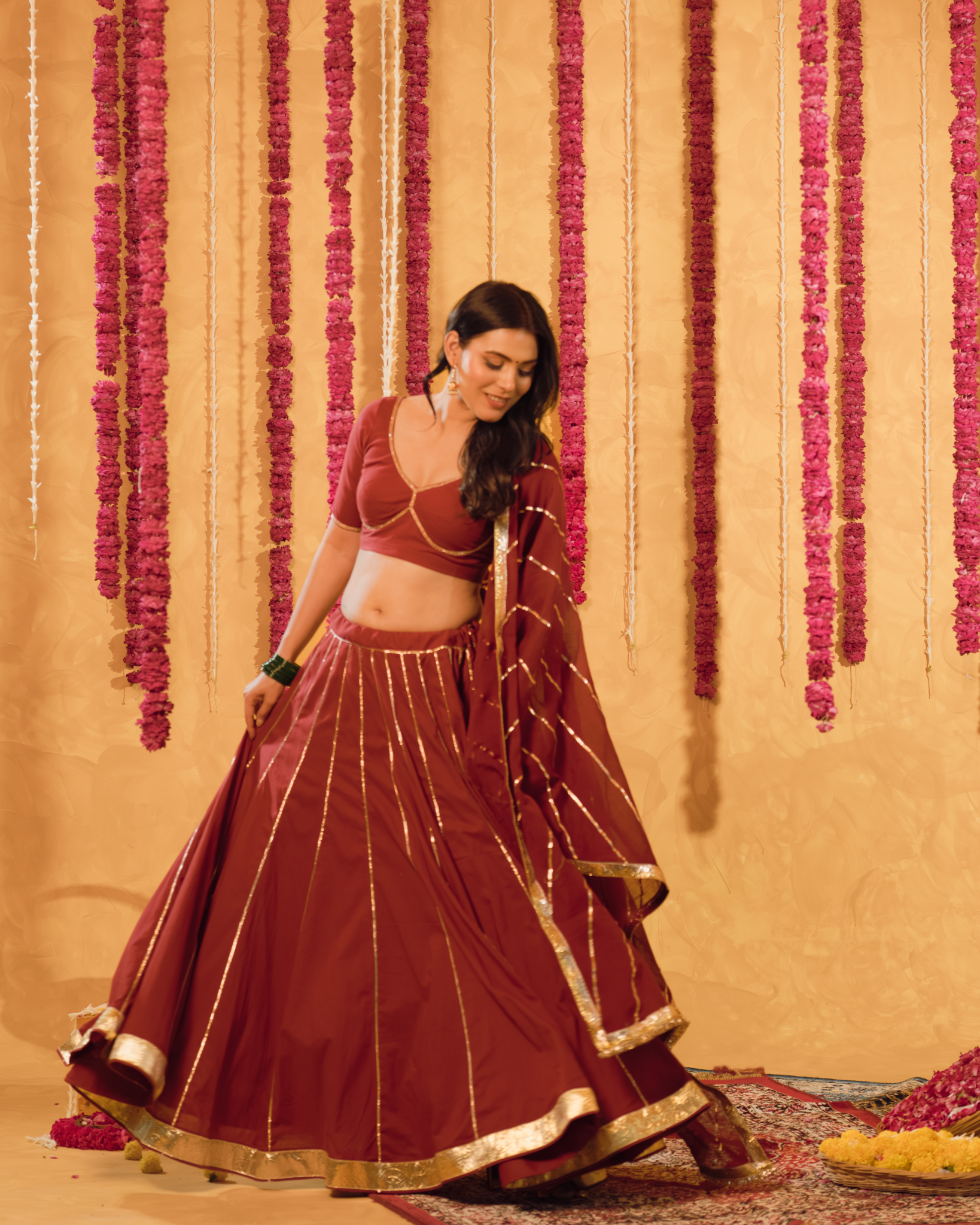 Berry wine cotton Lehenga set of 3