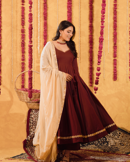 Berry wine Mulmul Anarkali Suit 2pcs Set