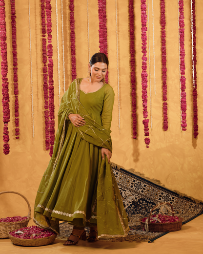 Mehndi Green Mulmul Anarkali Suit 2pcs Set