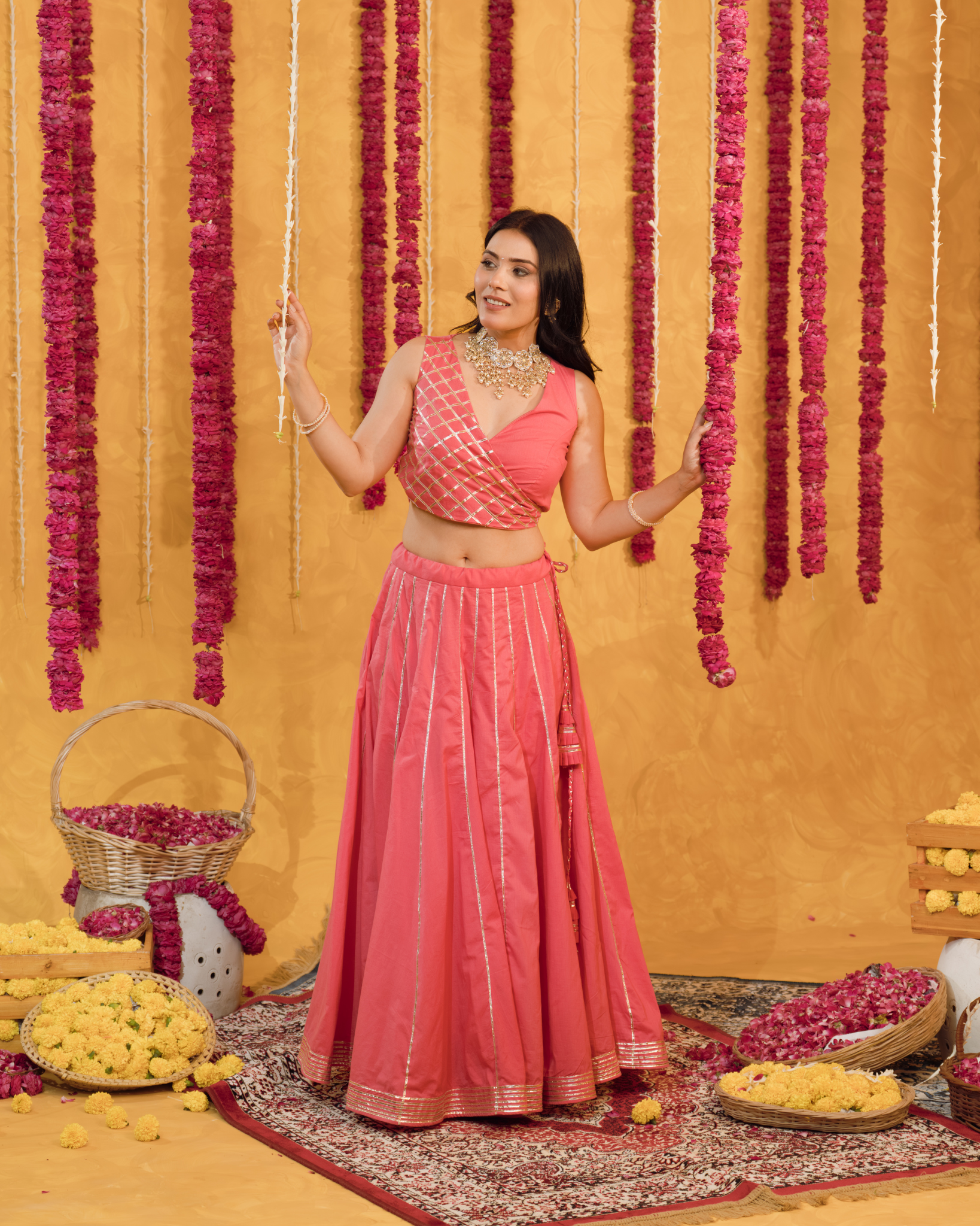 Roseberry peach pink  cotton Lehenga set of 3