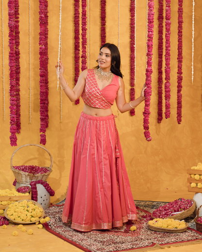 Roseberry peach pink  cotton Lehenga set of 3