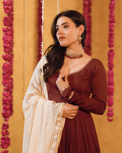 Berry wine Mulmul Anarkali Suit 2pcs Set