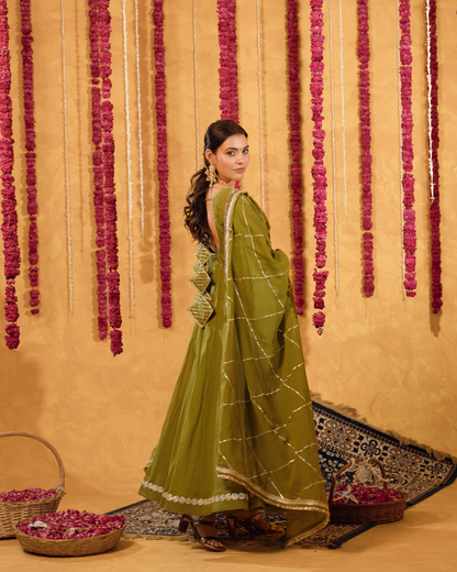 Mehndi Green Mulmul Anarkali Suit 2pcs Set