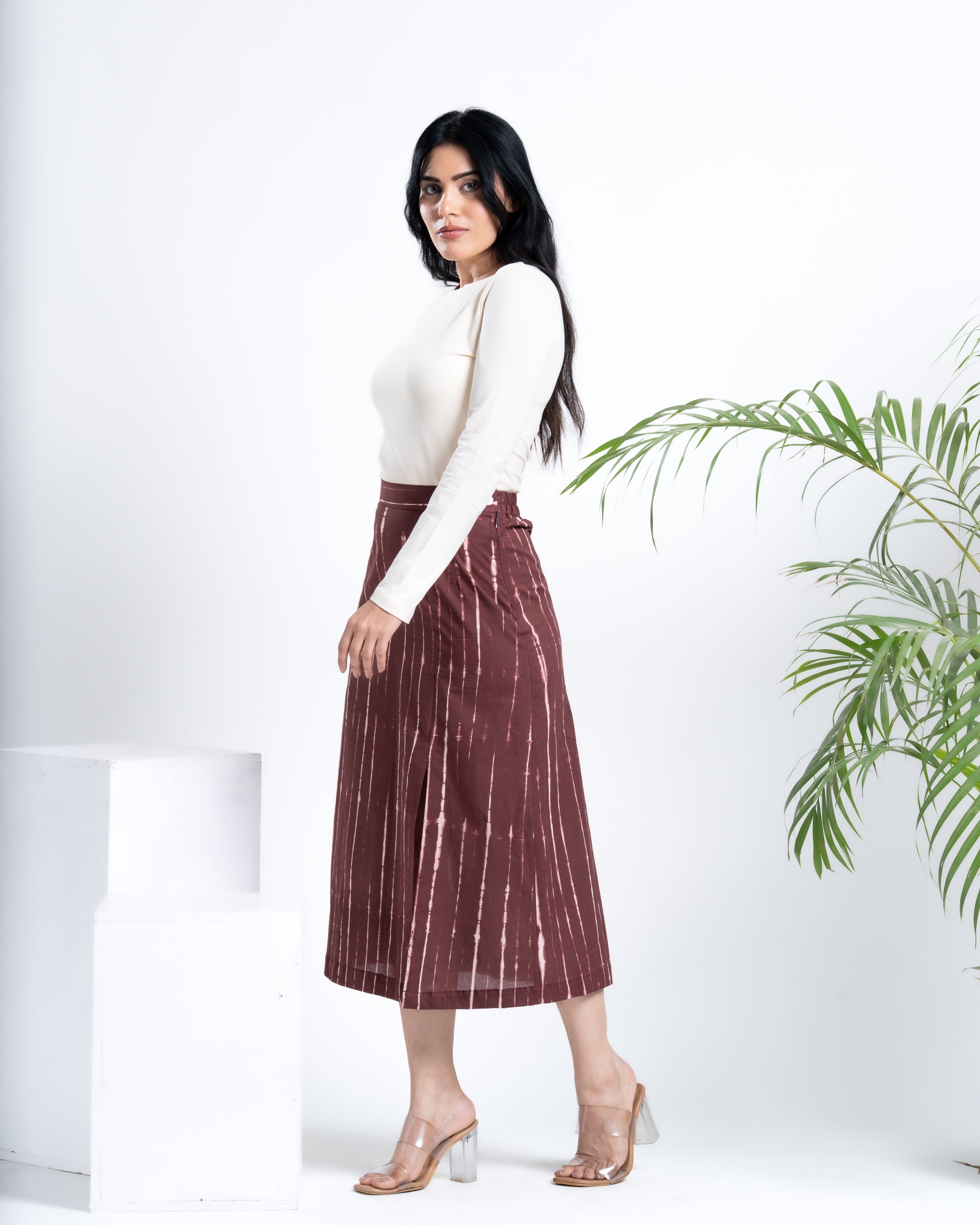 Buy Online Brick Brown Shibori Slit Midi Skirt

