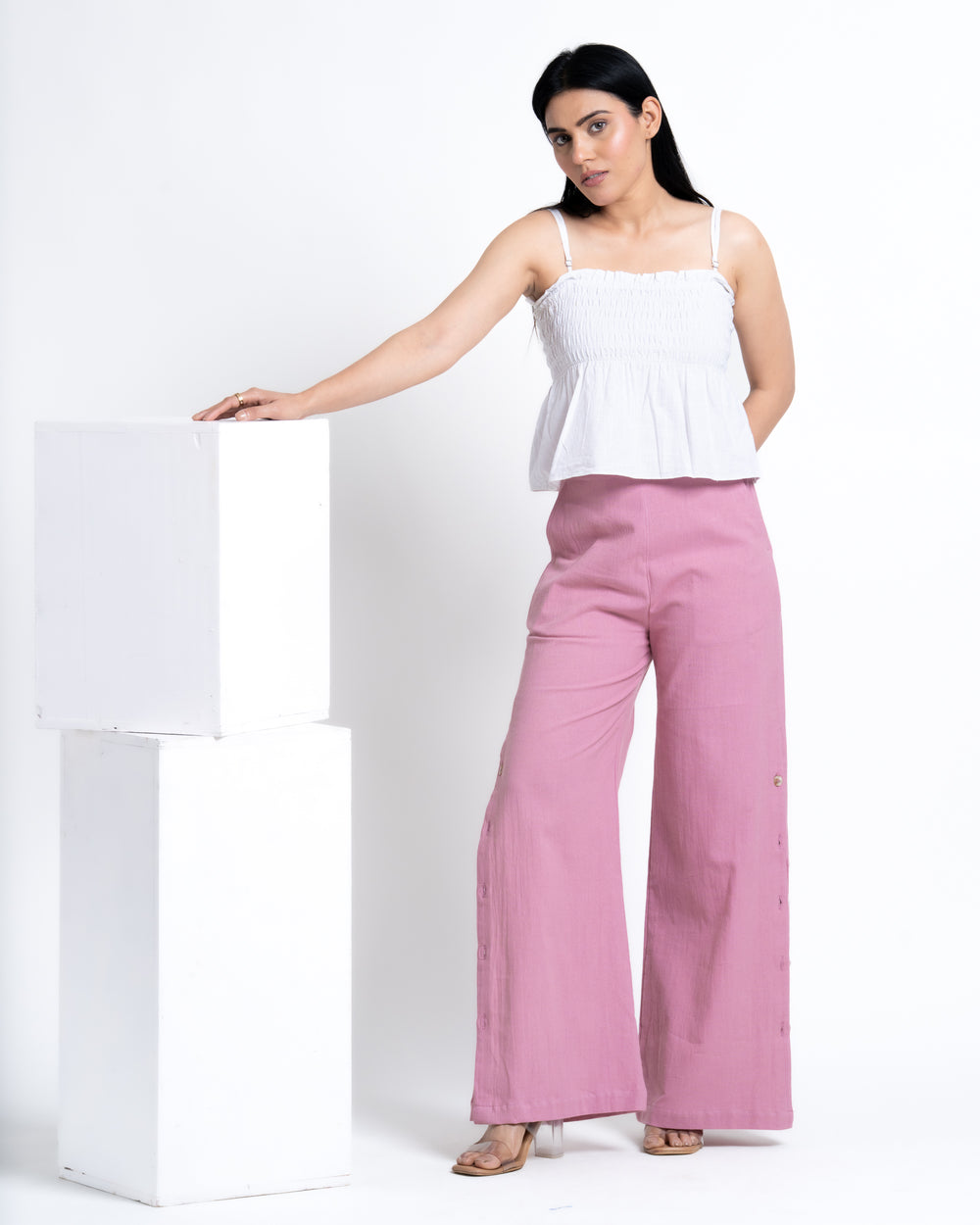 Shop Wide Leg Slit Pant in Mauve Pink Now