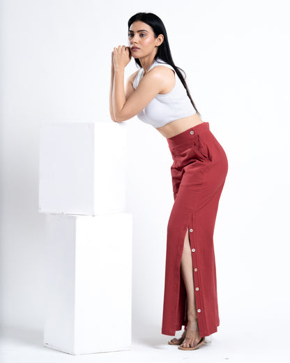 Buy Online Wide Leg Slit Pant in Brick Red