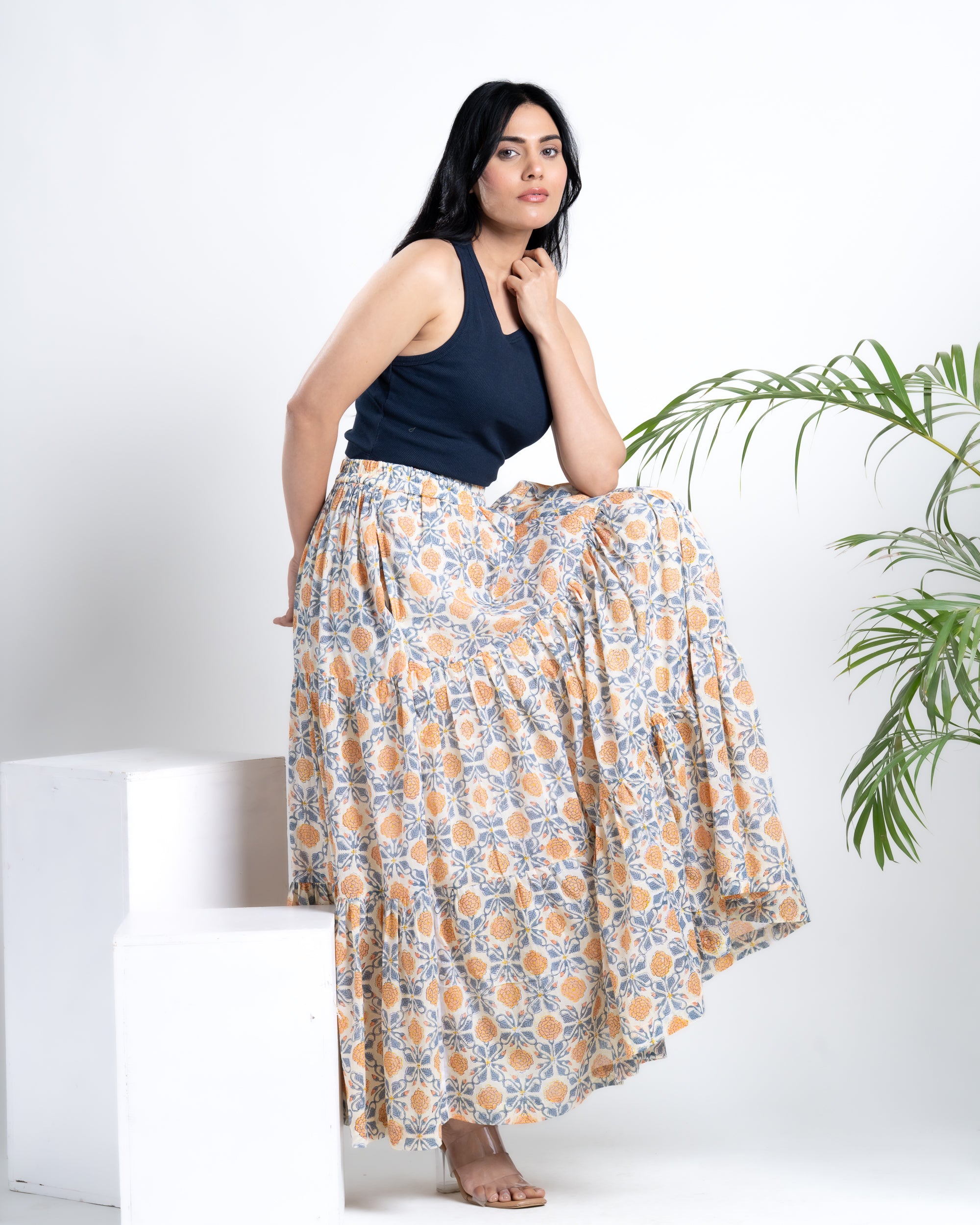 Flared Lemon Skirt with Block Print