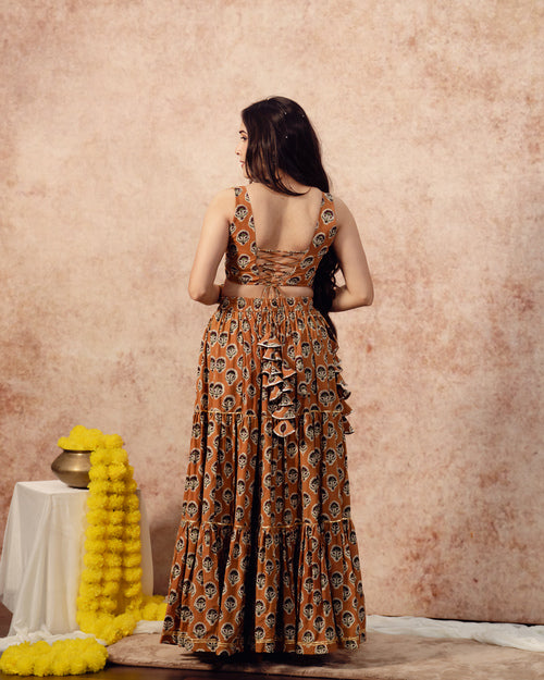 Mustered Yellow block print  Tier Lehenga Set