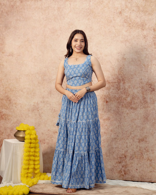 Sky Blue Block Print Tier Lehenga Set