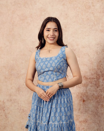 Sky Blue Block Print Tier Lehenga Set