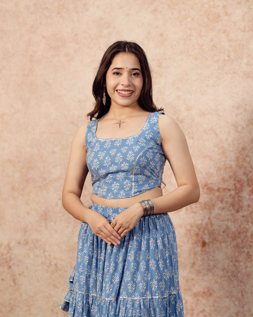Sky Blue Block Print Tier Lehenga Set