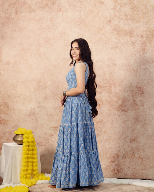 Sky Blue Block Print Tier Lehenga Set